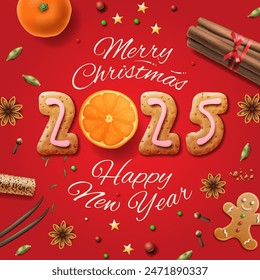Merry Christmas 2025, Happy New Year composition with cooking ingredients, cookies, spices cinnamon, anise, vanilla, oranges o red background. Vector illustration