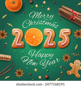 Merry Christmas 2025, Happy New Year composition with cookies, spices cinnamon, anise, vanilla, oranges. Vector illustration