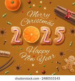 Merry Christmas 2025 and Happy New Year composition with gingerbread cookies, spices cinnamon, anise, vanilla, oranges. Vector illustration