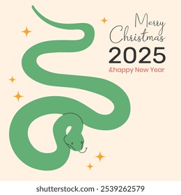 Merry Christmas and 2025 Happy new year card with green snake. Greeting card, icon.Template for poster, banner, holiday cover. Vector illustration EPS10