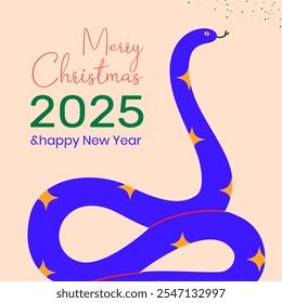 Merry Christmas and 2025 Happy new year card with blue snake. Greeting card, icon.Template for poster, banner, holiday cover. Vector illustration EPS10