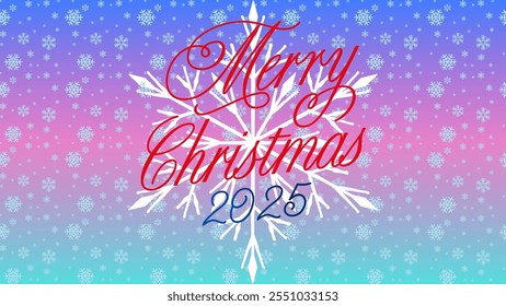 Merry Christmas 2025. Multi colored, snow fall, snow flake, red, blue, pink illustration