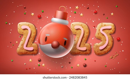 Merry Christmas 2025, number design made with gingerbread cookies and Santa face Xmas ball. Vector illustration