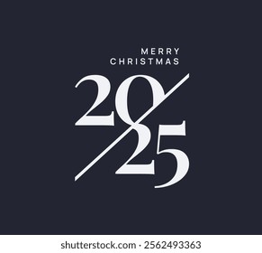 Merry Christmas 2025 poster with modern typography and dark background. Perfect for holiday cards, banners, and festive decorations. Elegant vector illustration