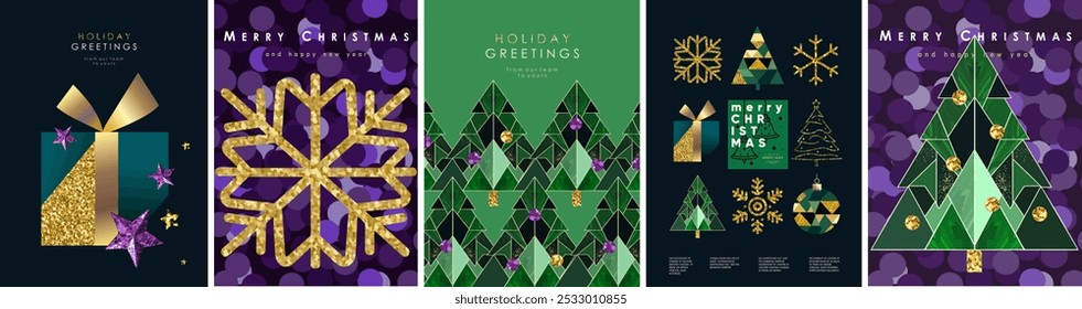 Merry Christmas! 2025. Vector modern luxury abstract illustration of golden snowflake, Christmas tree, gift, icon, sequin, glitter, geometric ornament for greeting corporate card, poster or background