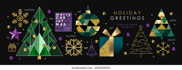 Merry Christmas! 2025. Vector modern luxury abstract illustration of golden snowflake, Christmas tree, gift, ball, sequin, glitter, geometric ornament for greeting corporate card, poster or background