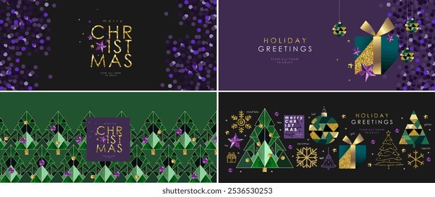 Frohe Weihnachten! 2025. Vektor moderne Luxus abstrakte Illustration von goldenen Schneeflocke, Weihnachtsbaum, Geschenk, Symbol, Paillette, Glitzer, geometrische Ornament für Grußkarte, Banner oder Hintergrund