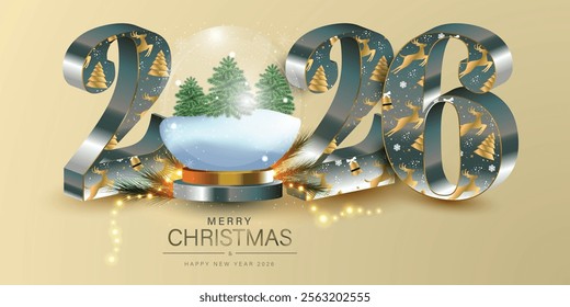 Merry Christmas 2026 Festive 3D Numbers Snow Globe Reindeer Design