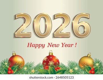 Merry Christmas 2026. Festive bright background with golden New Year date 2026 decorated with spruce, rowan branches and balls.