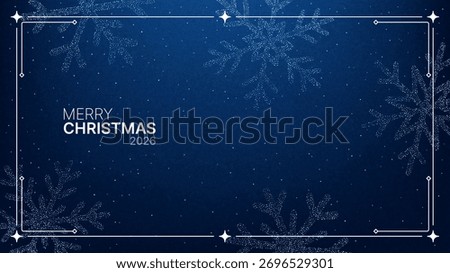 Merry Christmas 2026 message on blue snowflakes background with decorative frame. Winter holiday season greeting card design.