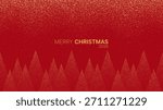 Merry Christmas 2026 text with abstract gold glitter snow falling over dotted pine tree forest illustration on red background.