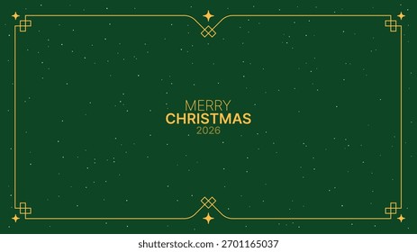 Merry Christmas 2026 text with abstract geometric gold frame border and star on snowy green background for holiday greeting card design.