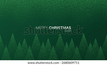 Merry Christmas 2026 text with abstract green forest background. Digital Christmas card for holiday season. Abstract winter landscape design.