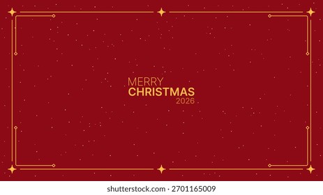 Merry Christmas 2026 vector background with gold frame and stars on red for greeting card. Winter Holiday flat illustration concept.