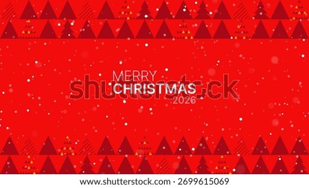 Merry Christmas 2026 vector background with falling snow and abstract red festive tree pattern for holiday greeting card and celebration banner