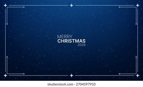 Feliz Navidades 2026 Vector sobre un fondo azul oscuro con estrellas y un marco decorativo para una tarjeta de felicitación de vacaciones.