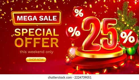 Merry Christmas, 25 percent Off. Discount creative composition. Sale banner and poster. Vector illustration.