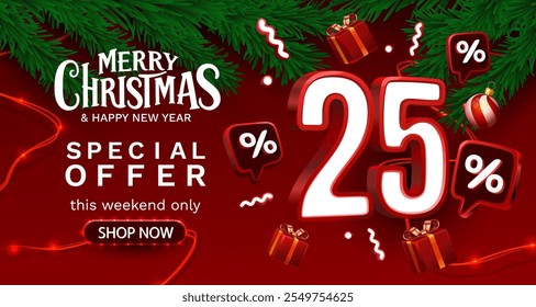 Merry Christmas, 25 percent Off discount. Sale banner and poster. Vector illustration.