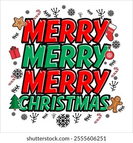 "Merry Christmas 3" typography with festive colors, elegant fonts, and holiday accents like snowflakes, ornaments, or holly. A joyful design for greeting cards, posters, or holiday decorations,