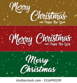 Merry Christmas - 3 vector premium luxury banner designs against gold, red and green backgrounds with snowflakes texture. Card design for X-mas banner, greetings card, sent my e-mail wishes.