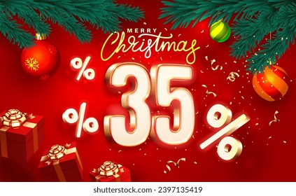 Merry Christmas, 35 percent Off discount. Sale banner and poster. Vector illustration.