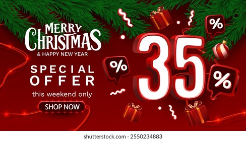 Merry Christmas, 35 percent Off discount. Sale banner and poster. Vector illustration.
