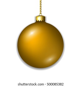 Merry Christmas 3D ball decoration. Gold glass bauble, isolated on white background. Bright shiny decorative holiday design. Golden symbol Xmas, Happy New Year celebration. Vector illustration
