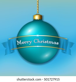 Merry Christmas 3D bauble, decoration with text, ribbon. Blue and gold ball, isolated on light-blue background. Bright design, holiday banner. Xmas, Happy New Year celebration. Vector illustration
