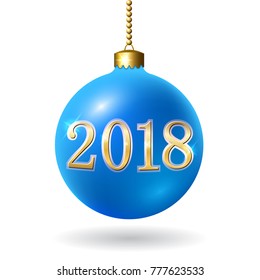 Merry Christmas 3D bauble, decoration with gold 2018 number. Blue ball, isolated on white background. Bright golden holiday design. Xmas, Happy New Year celebration. Vector illustration