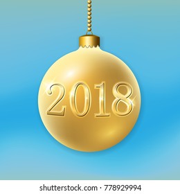 Merry Christmas 3D bauble, decoration with 2018 number. Gold ball, isolated on blue background. Bright golden holiday design. Xmas, Happy New Year celebration. Vector illustration