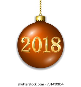 Merry Christmas 3D bauble, decoration with gold 2018 number. Orange ball, isolated on white background. Bright golden holiday design. Xmas, Happy New Year celebration. Vector illustration