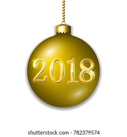 Merry Christmas 3D bauble, decoration with 2018 number. Gold ball, isolated on white background. Bright golden holiday design. Xmas, Happy New Year celebration. Vector illustration