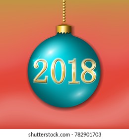 Merry Christmas 3D bauble, decoration with gold 2018 number. Blue ball, isolated on red background. Bright golden holiday design. Xmas, Happy New Year celebration. Vector illustration