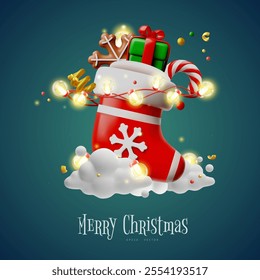 Merry Christmas 3D cartoon plastic style vector design. Christmas sock with gift box and glowing garland on clouds. Red Christmas stocking with snowflake, candy cane and gingerbread. New year holiday