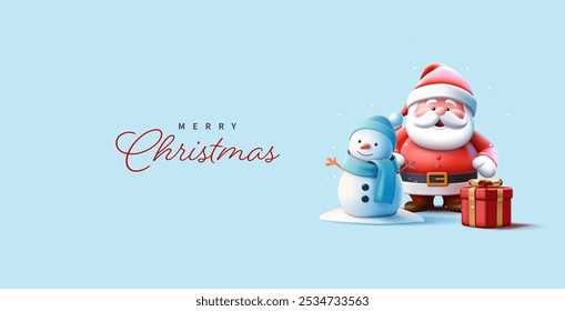 Merry Christmas. 3D character of cheerful Santa, snowman, gift. Banner for Christmas, New Year concepts. Promotional offers and discounts for the holidays. The best gift. Vector