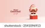 Merry Christmas. 3D cute Santa standing on the chimney with a gift. Christmas greetings. Before the Christmas scene. Vector illustration.