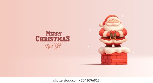 Merry Christmas. 3D cute Santa standing on the chimney with a gift. Christmas greetings. Before the Christmas scene. Vector illustration.