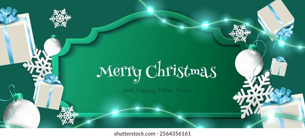 Merry Christmas 3d frame banner on green background decorated with luminous garlands, paper snowflakes, white baubles and wrapped gift boxes with blue ribbons. Festive winter holiday design.