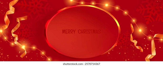 Merry Christmas 3d frame banner with red background, snowflake pattern, glowing lights garland and golden ribbons. Festive winter holiday header design with luminous oval border and sparkling confetti