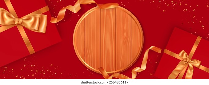 Merry Christmas 3d frame composition on red background with round wooden board, wrapped presents with golden bows and glittering confetti elements. Festive banner layout for holiday promotion content.