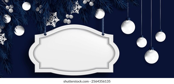 Merry Christmas 3d frame design - white ornate plaque hangs on dark blue background with pine branches, decorative spherical baubles and snowflakes. Festive border with glass balls and pine twigs.