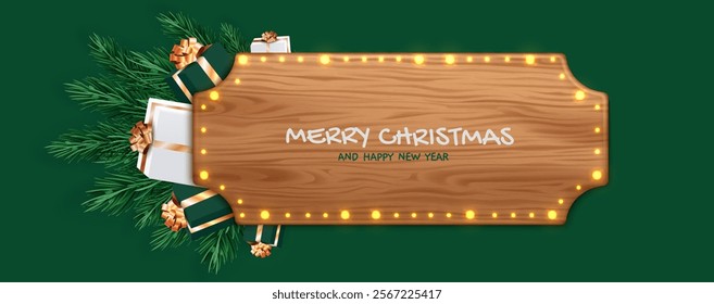 Merry Christmas 3d frame design with illuminated wooden board and pine branches, wrapped presents and golden ribbons on deep green background. Festive holiday signboard decorated with glowing lights.