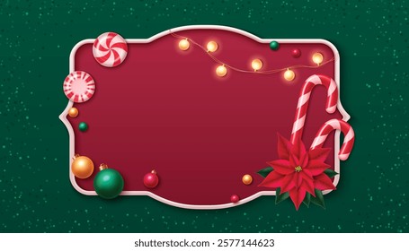 Merry Christmas 3d frame design - red background with white border, decorated with candy canes, poinsettia flower, shiny baubles, peppermint candies, glowing lights. Holiday greeting festive banner.