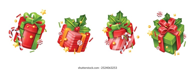 Merry Christmas 3D gift box icon set, vector New Year present package winter surprise collection. Holiday glossy greeting promotion offer, candy cane, confetti, ribbon bow. Christmas gift object kit