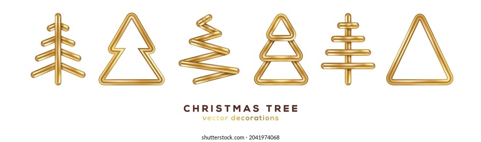 Merry Christmas 3d Gold Fir Trees Icons Set in Modern Line Style isolated on white background. Vector Illustration. Simple pine logo symbols, golden ribbon abstract shape. Happy New Year 2022