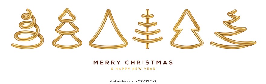 Merry Christmas 3d Gold Pine Fir Trees Icons Set in Modern Line Style isolated on white background. Vector Illustration. Season Greetings abstract simple logo symbols collection. Happy New Year 2022