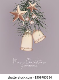 Merry Christmas 3d greeting card with bell, ring, pine branch and golden foil stars on tender soft rose background. Vector art vintage winter holidays greeting card. Happy New Year invitation.