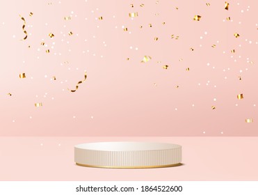 merry christmas 3d and happy new year 2021 rendered scene 3d with valentine podium platform. Christmas ribbon on pink background 3d render gold podium. happy new year stand to show product christmas