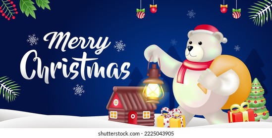 Merry Christmas, 3d illustration of a polar bear carrying a gift holding a lantern