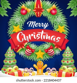 Merry Christmas. 3d illustration of Christmas wreath and gifts under the pine tree